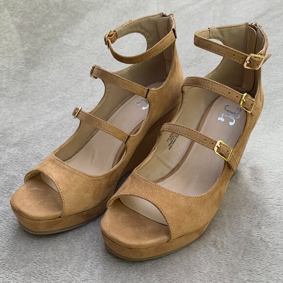 Journee Collection Skyla Tan Microsuede Strappy Peep Toe Demi Wedges - Picture 3 of 15